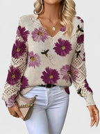 Aubrielynn | Women’s Floral Knit Sweater with V-Neck