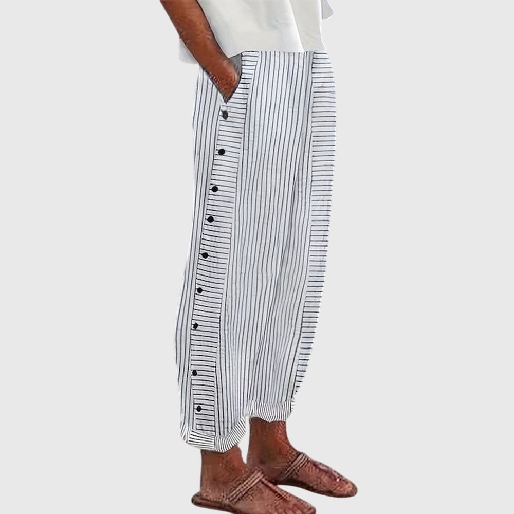 Women’s Striped Wide-Leg Pants with Buttons