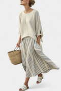 Women’s Loose Blouse with Striped Midi Skirt