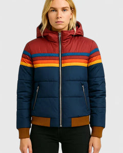 Women's Retro Rainbow Stripe Puffer Jacket – Casual Full-Zip Quilted Winter Coat