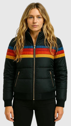 Women's Retro Rainbow Stripe Puffer Jacket – Casual Full-Zip Quilted Winter Coat