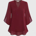 Women's V-Neck Chiffon Blouse – 3/4 Split Bell Sleeve Casual Tunic Top
