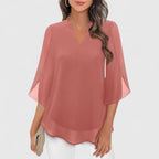 Women's V-Neck Chiffon Blouse – 3/4 Split Bell Sleeve Casual Tunic Top