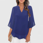 Women's V-Neck Chiffon Blouse – 3/4 Split Bell Sleeve Casual Tunic Top