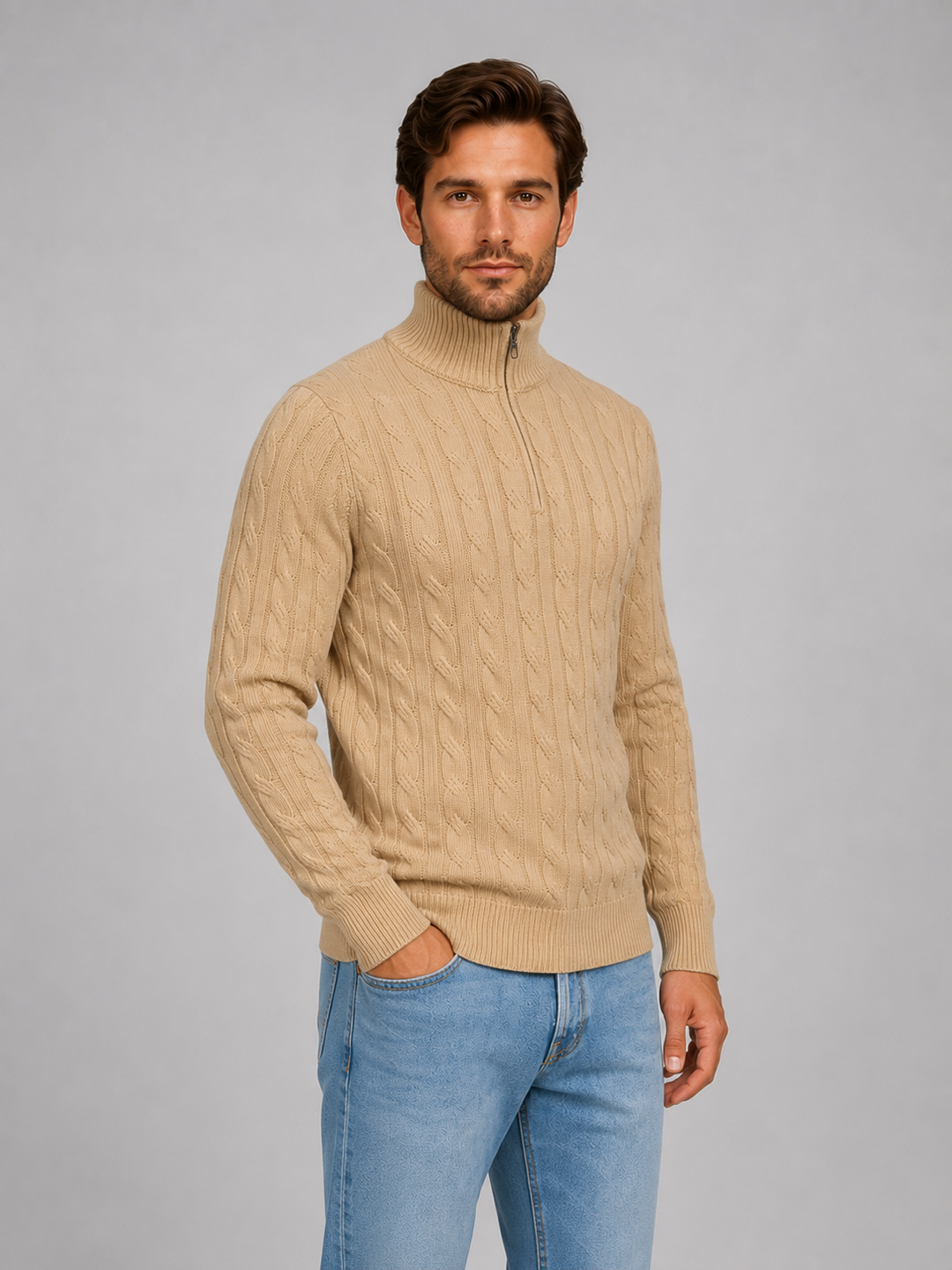 Men’s Cable Knit Jumper with Quarter Zip
