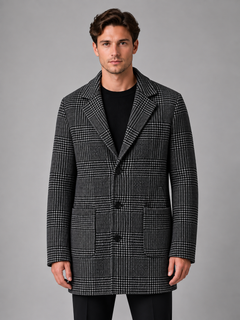 Men’s Checked Overcoat with Single Button Fastening