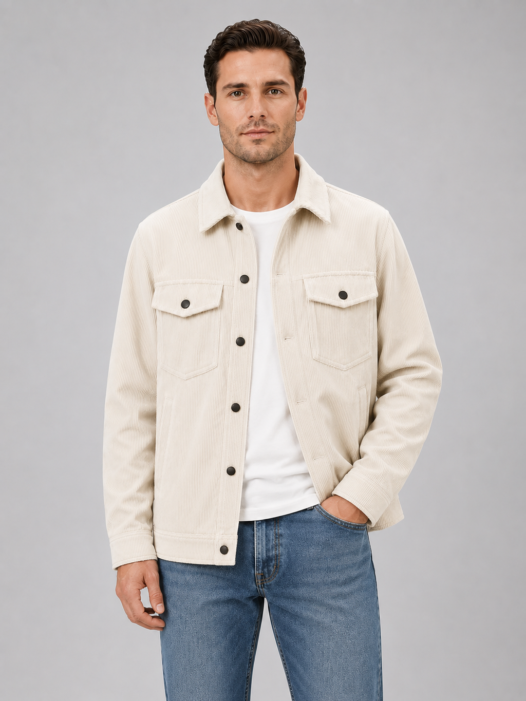 Men's Corduroy Overshirt with Snap Button Fastening