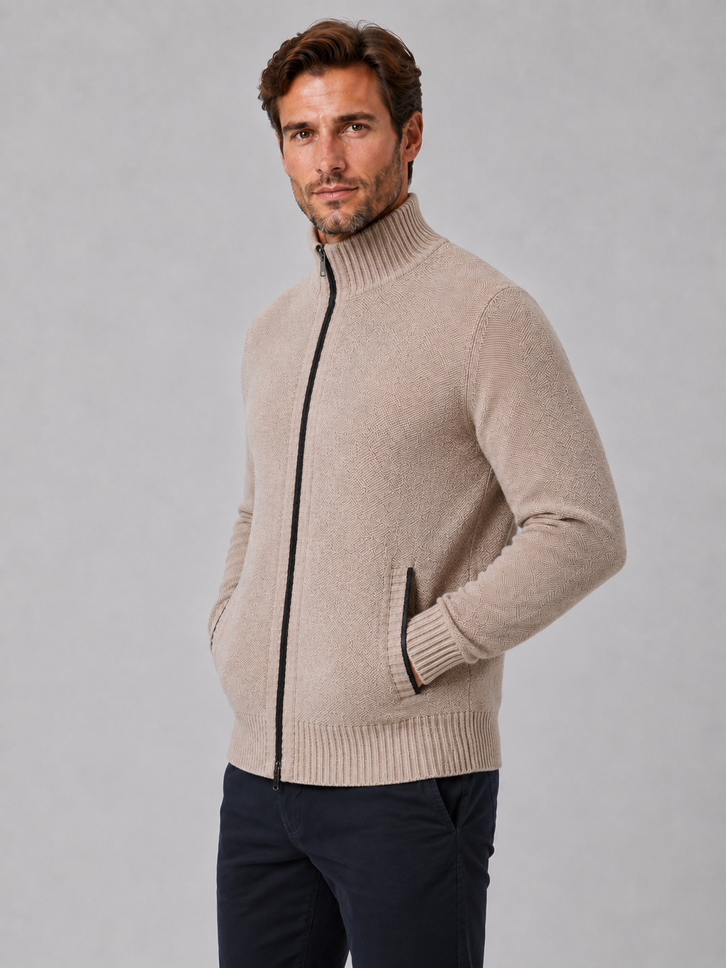 Men's Full Zip Cardigan with Funnel Neck