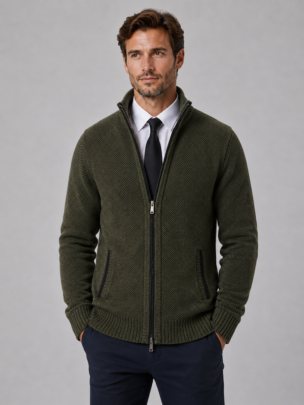 Men's Full Zip Cardigan with Funnel Neck