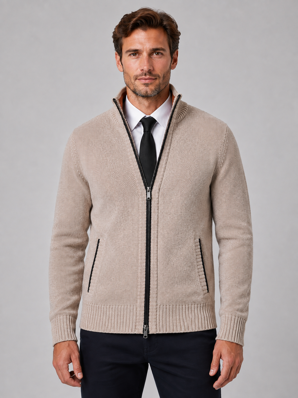 Men's Full Zip Cardigan with Funnel Neck