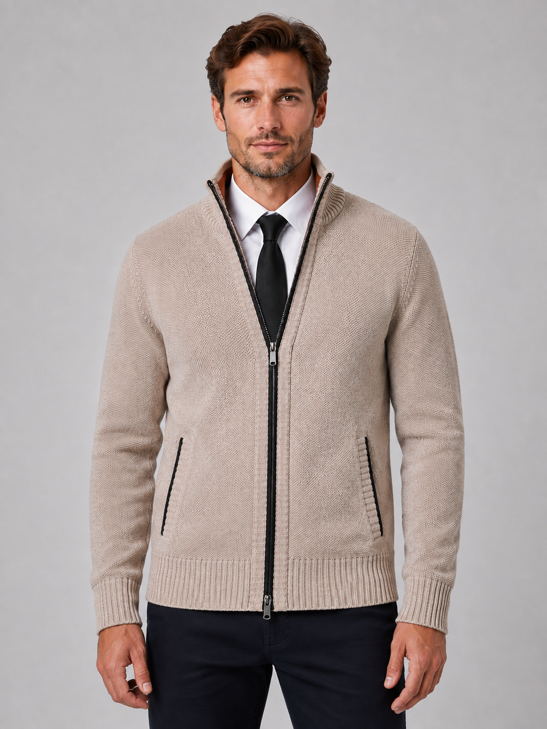 Men's Full Zip Cardigan with Funnel Neck