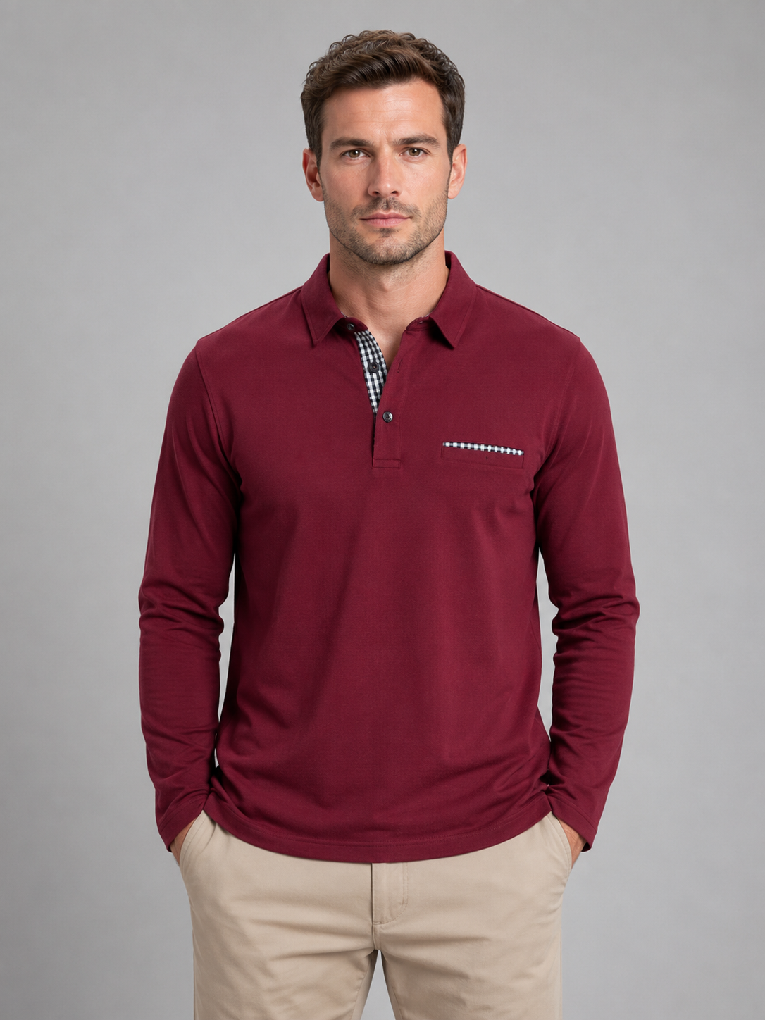 Men's Long Sleeve Polo with Gingham Trim