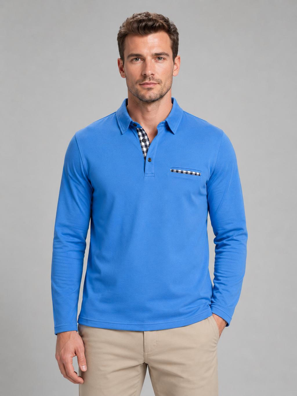 Men's Long Sleeve Polo with Gingham Trim