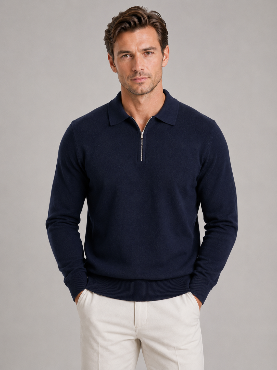 Men's Quarter Zip Jumper - Ribbed Cuff Long Sleeve Sweater