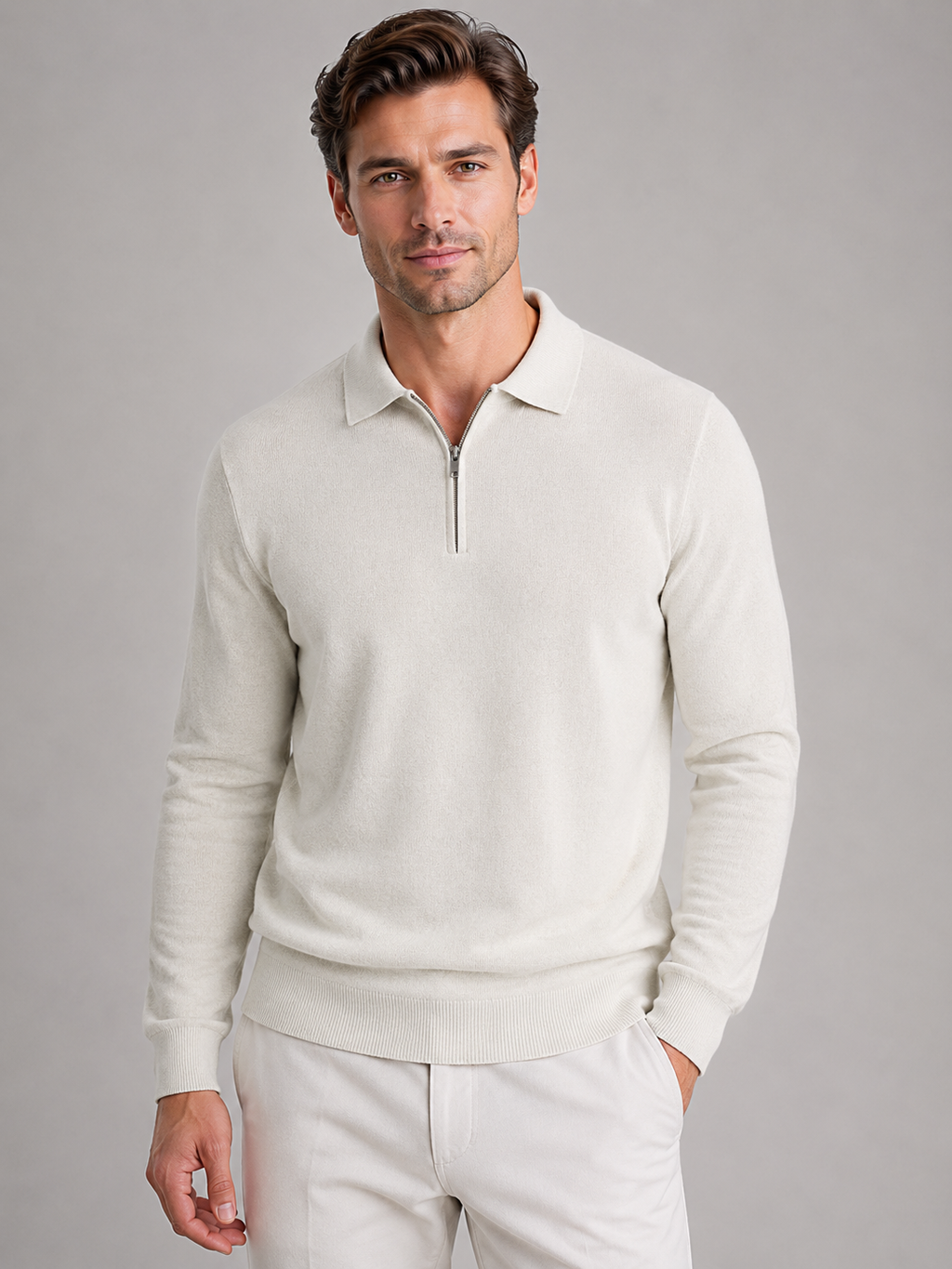 Men's Quarter Zip Jumper - Ribbed Cuff Long Sleeve Sweater