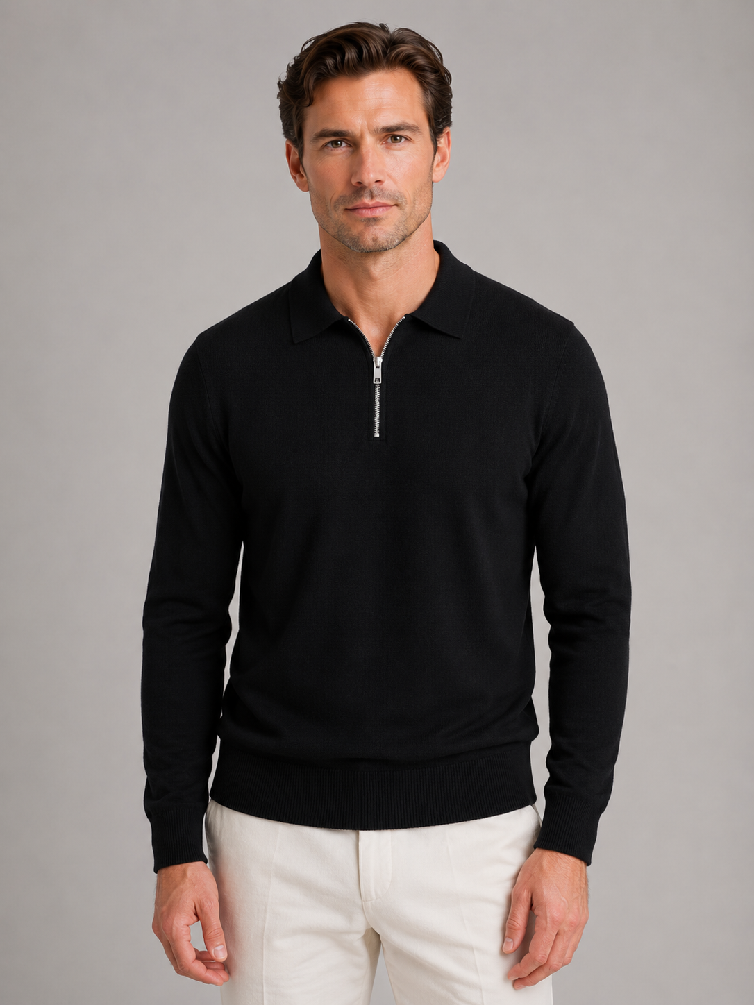 Men's Quarter Zip Jumper - Ribbed Cuff Long Sleeve Sweater