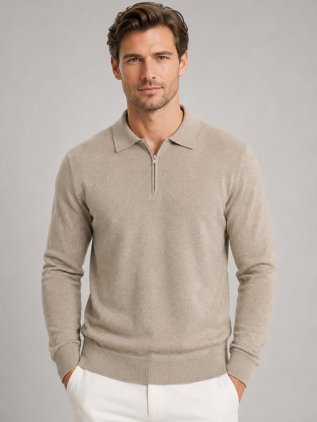 Men's Quarter Zip Jumper - Ribbed Cuff Long Sleeve Sweater