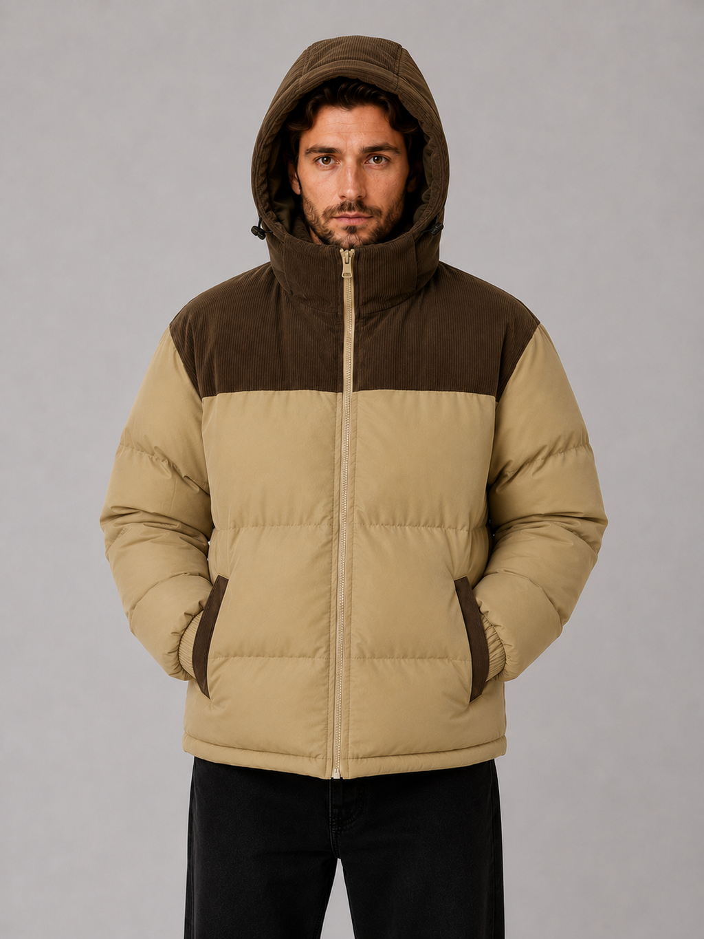Men's Quilted Puffer Jacket with Ribbed Trim