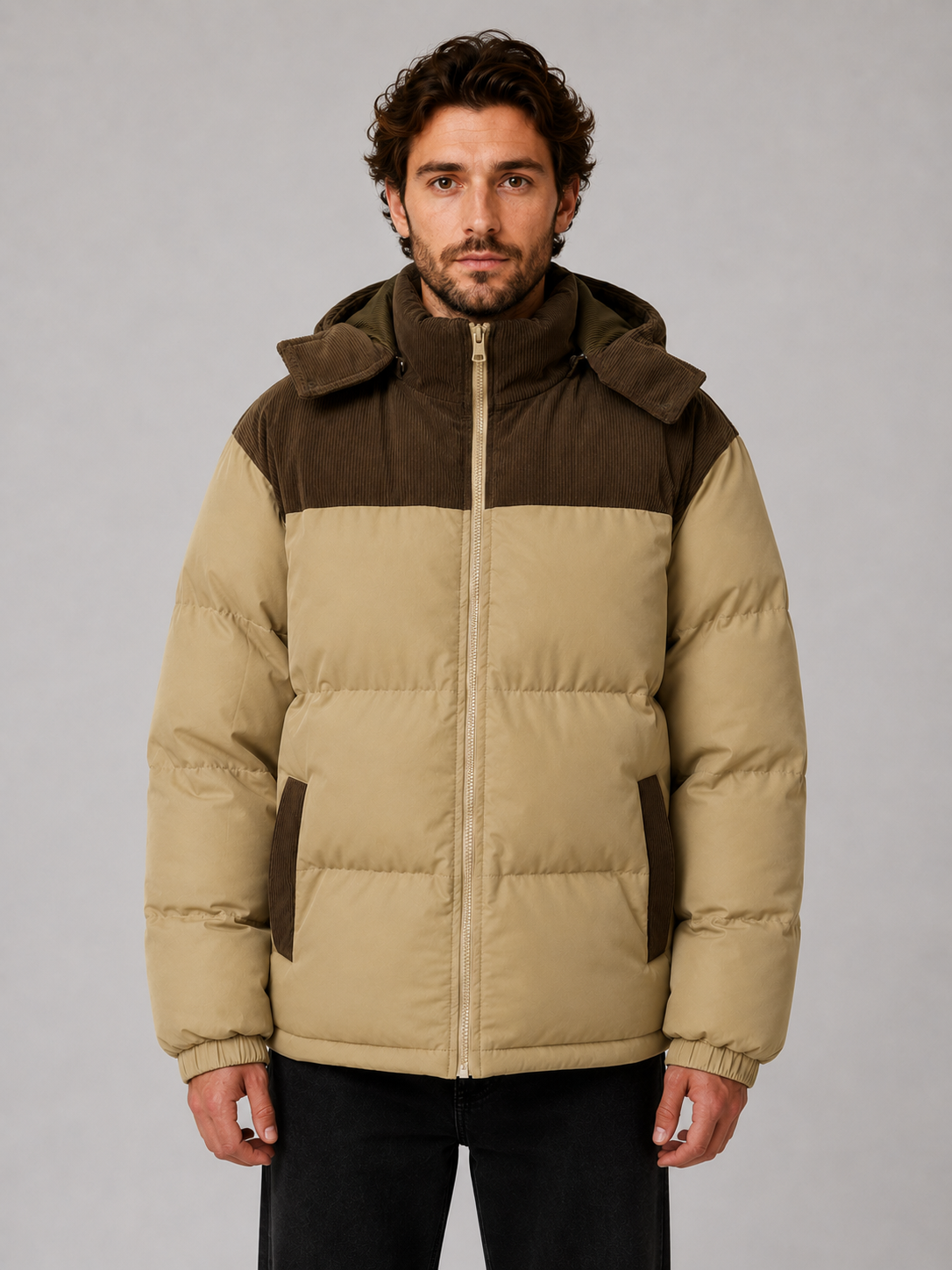 Men's Quilted Puffer Jacket with Ribbed Trim