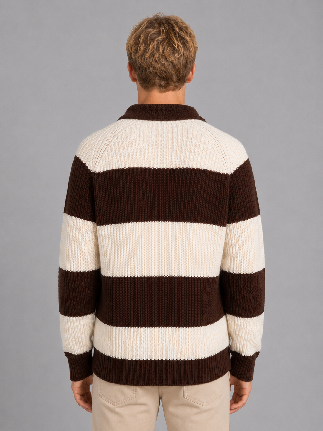 Men's Striped Polo Jumper with Three-Button Placket