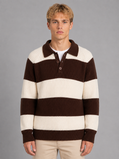 Men's Striped Polo Jumper with Three-Button Placket