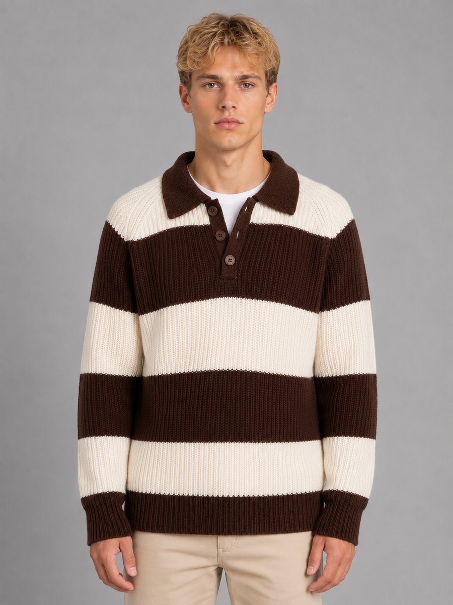 Men's Striped Polo Jumper with Three-Button Placket