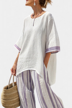 Luxmere | Women’s Relaxed Blouse with Striped Wide-Leg Trousers