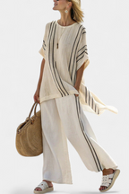 Greysen | Women’s Ivory Blouse with Black Striped Pants