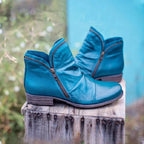 Women's Teal Leather Ankle Boots – Casual Slouchy Low Heel Booties