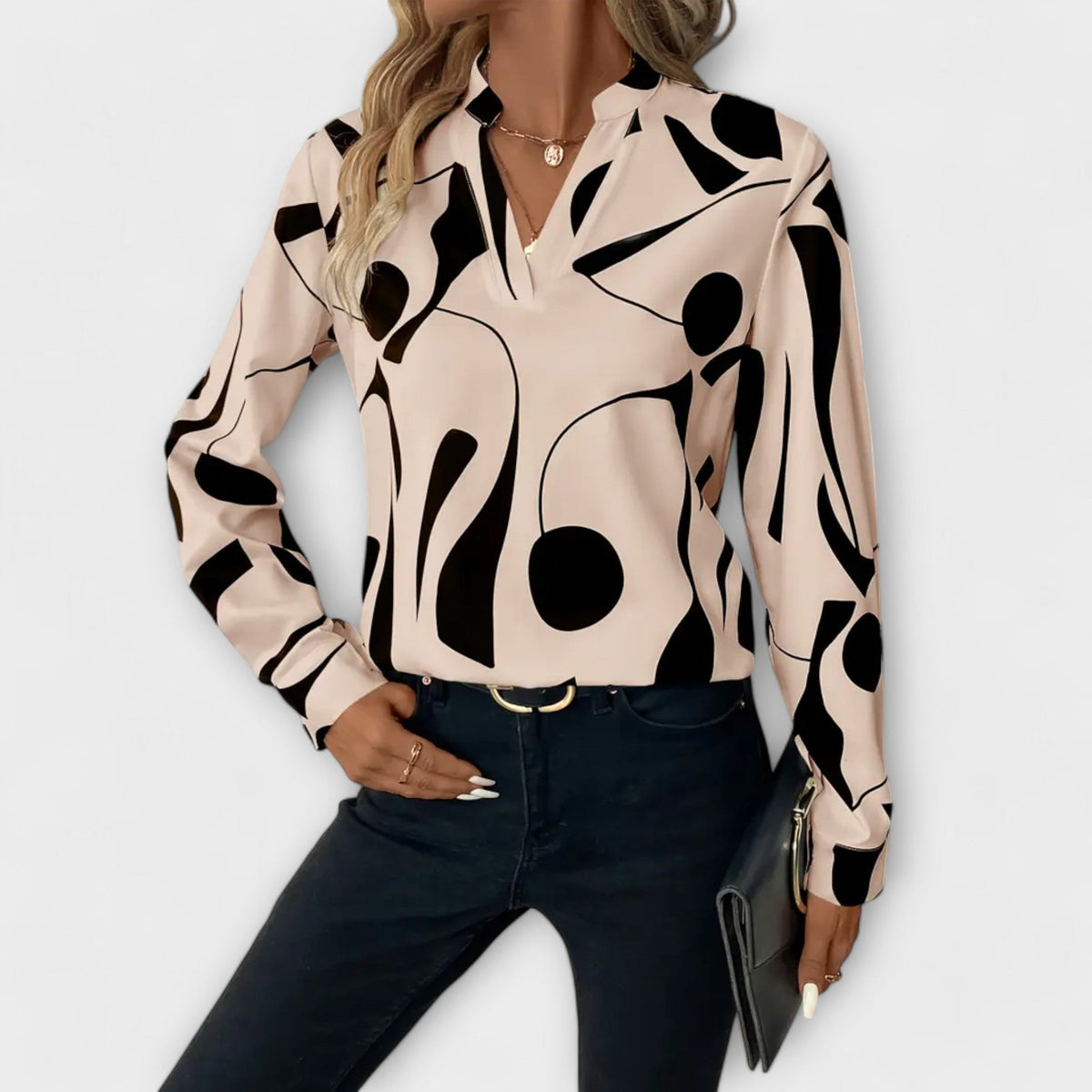 Women's Abstract Graphic Print V-Neck Blouse - Long Sleeve Casual Top