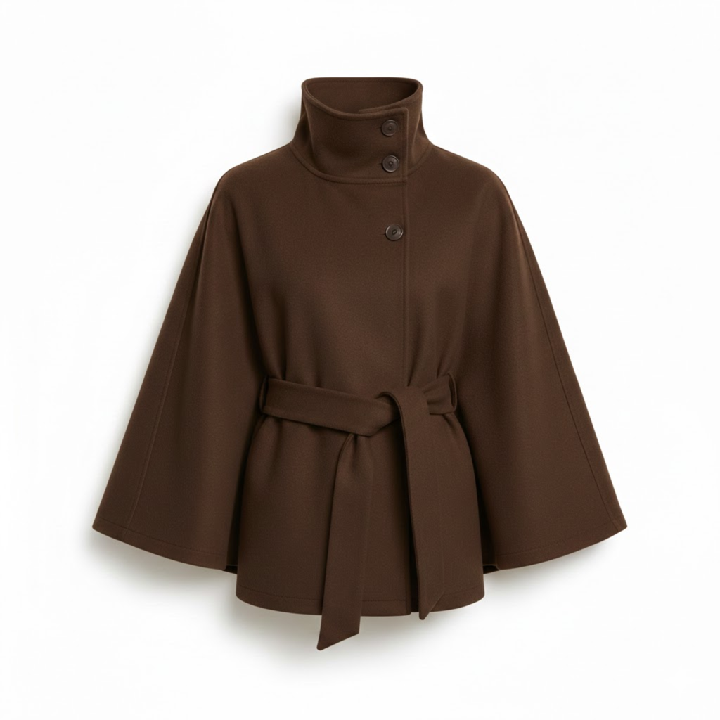 Women's Belted Cape Coat with Funnel Neck
