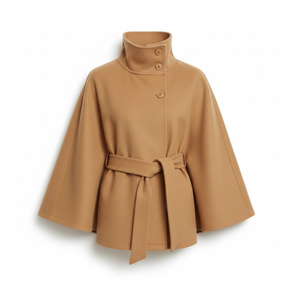 Women's Belted Cape Coat with Funnel Neck