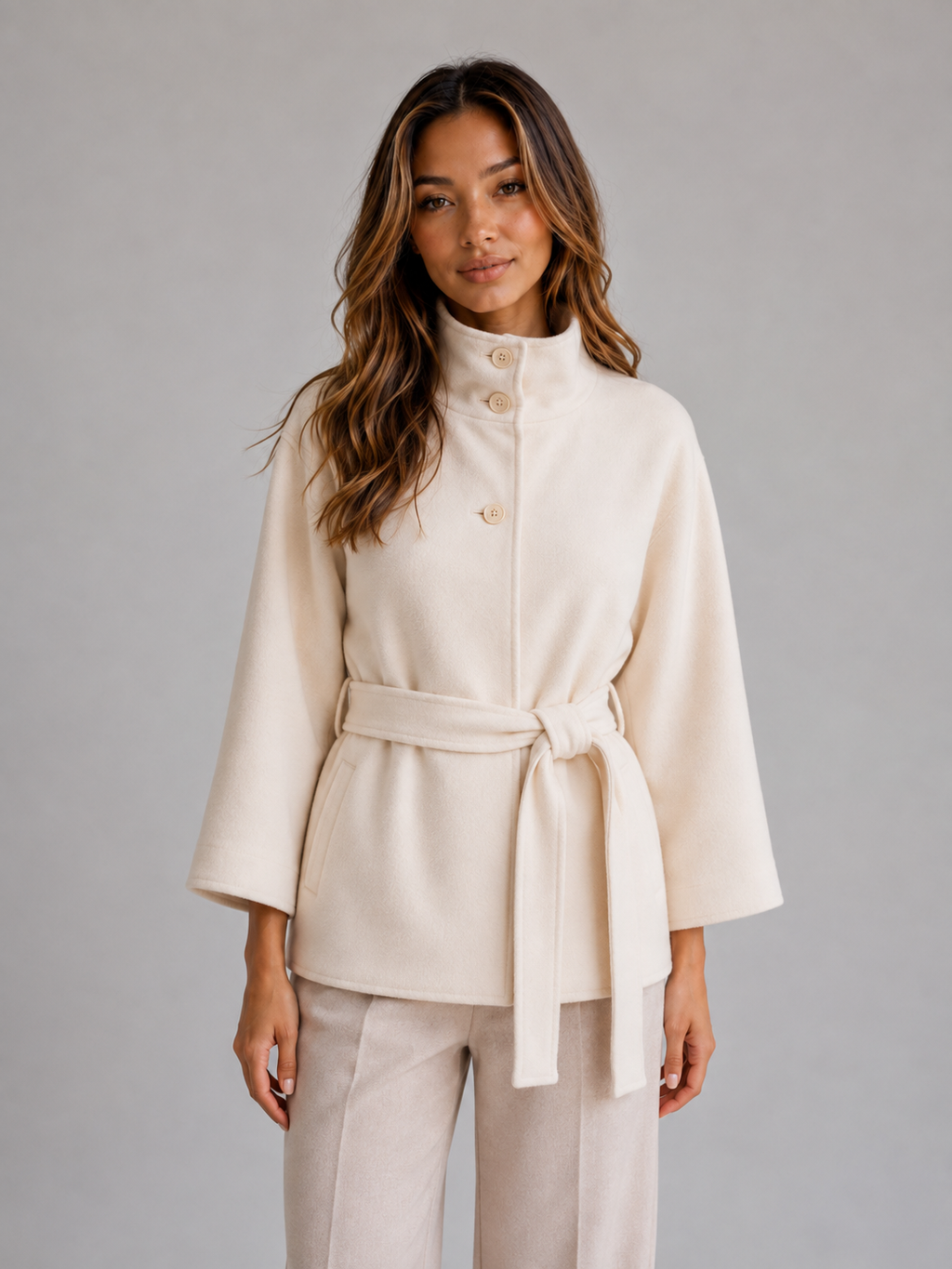 Women's Belted Cape Jacket with Stand Collar