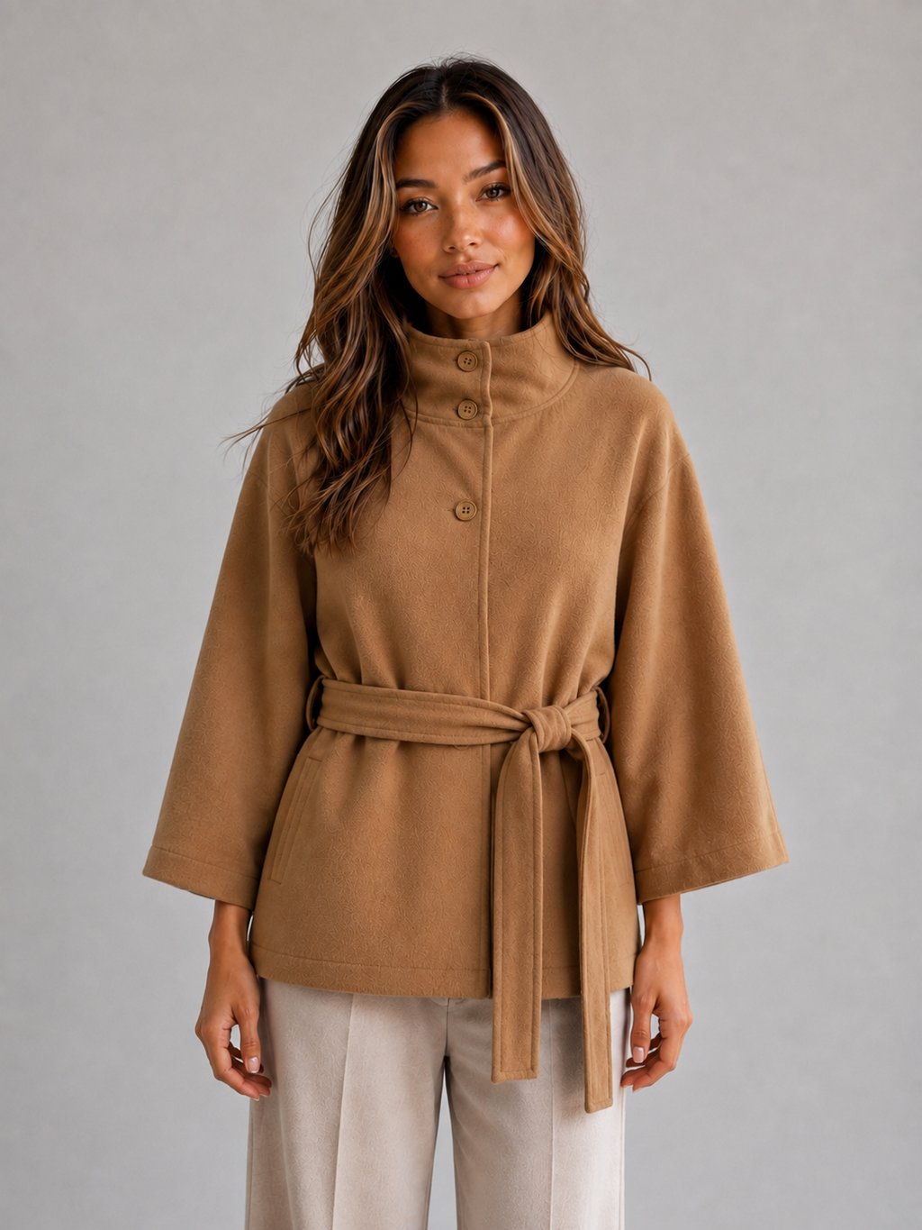 Women's Belted Cape Jacket with Stand Collar