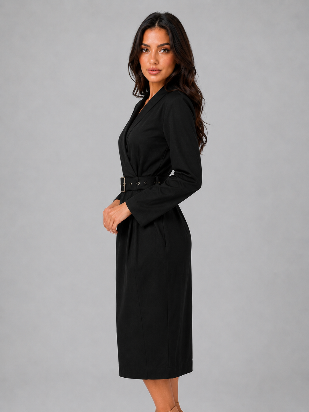 Women’s Belted Midi Dress with V-Neckline