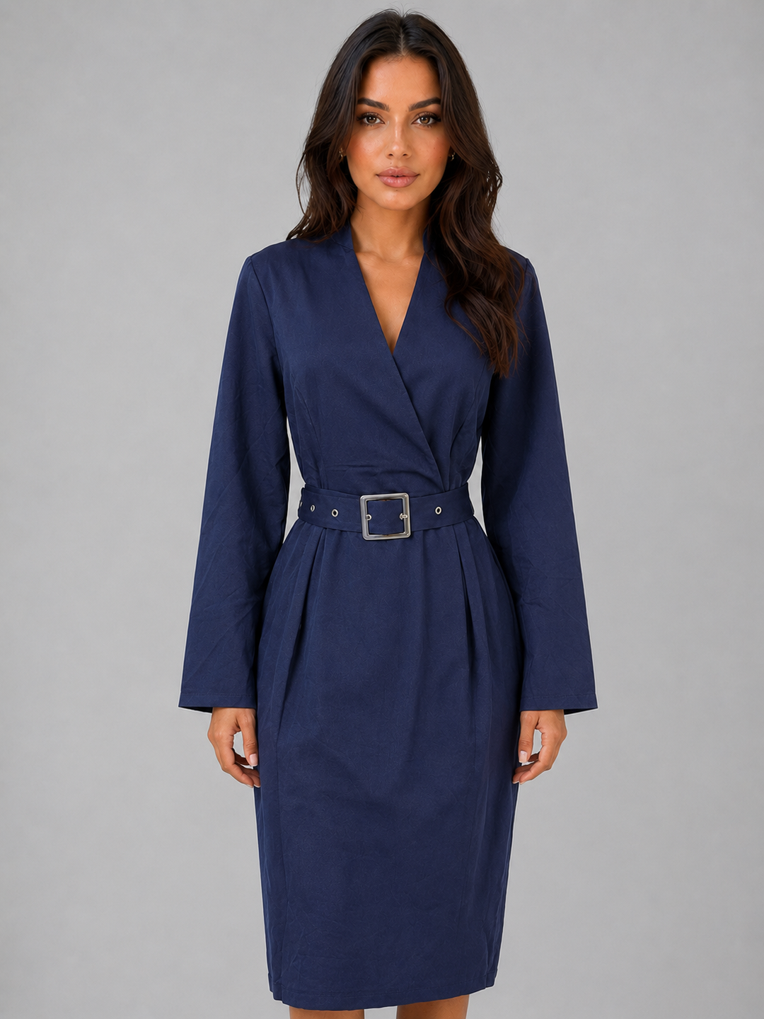Women’s Belted Midi Dress with V-Neckline