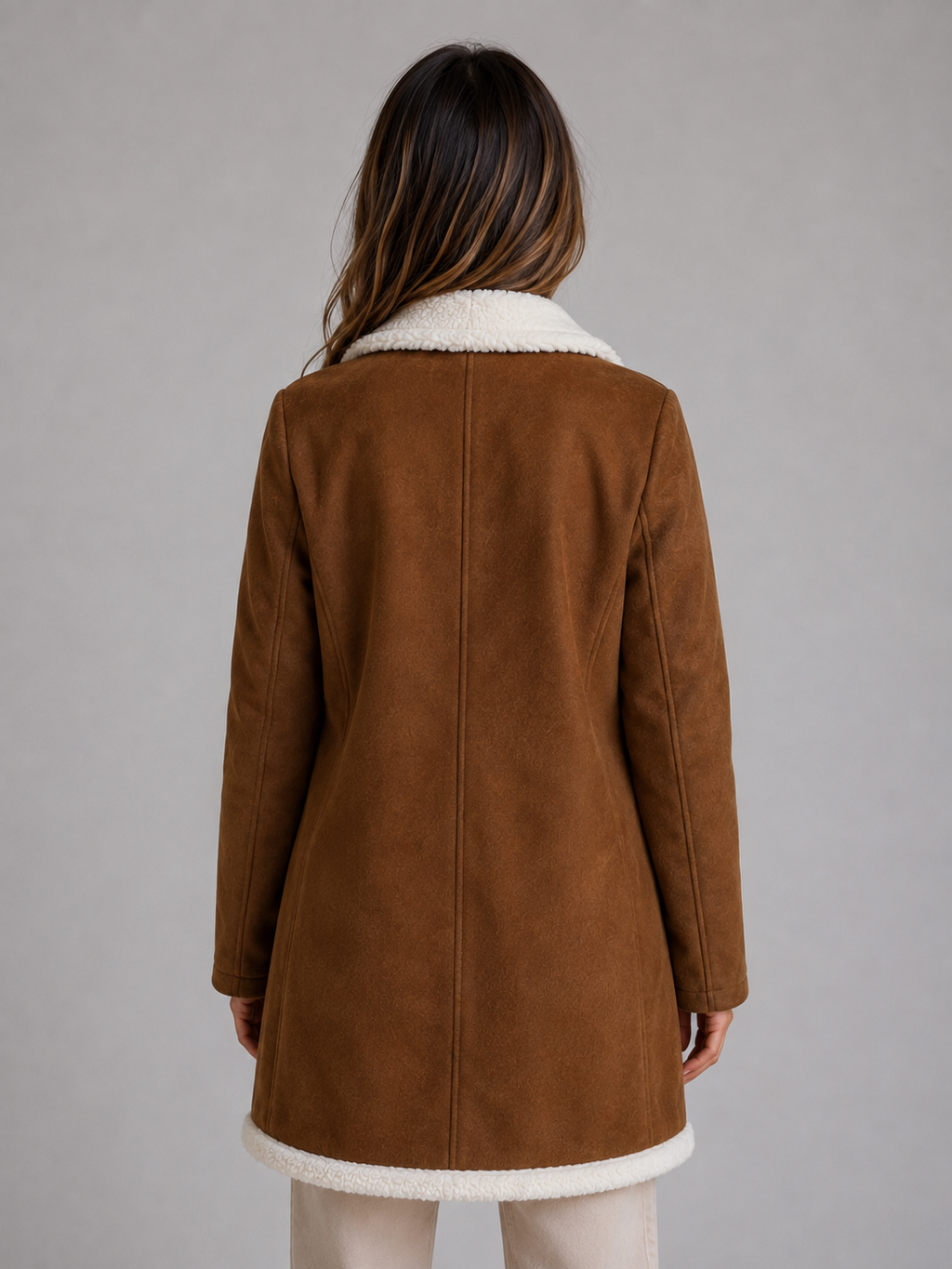 Women’s Brown Longline Coat with Plush Trim