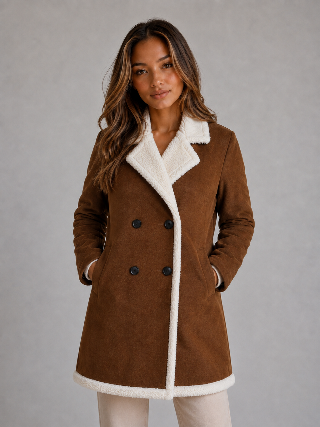 Women’s Brown Longline Coat with Plush Trim