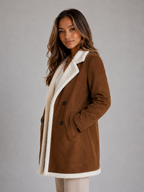 Women’s Brown Longline Coat with Plush Trim