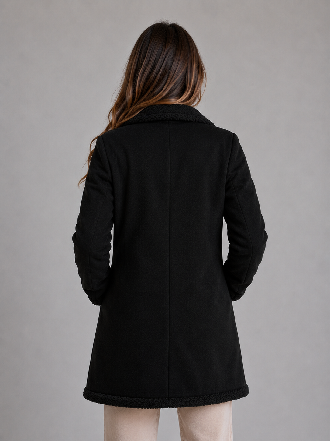Women’s Brown Longline Coat with Plush Trim