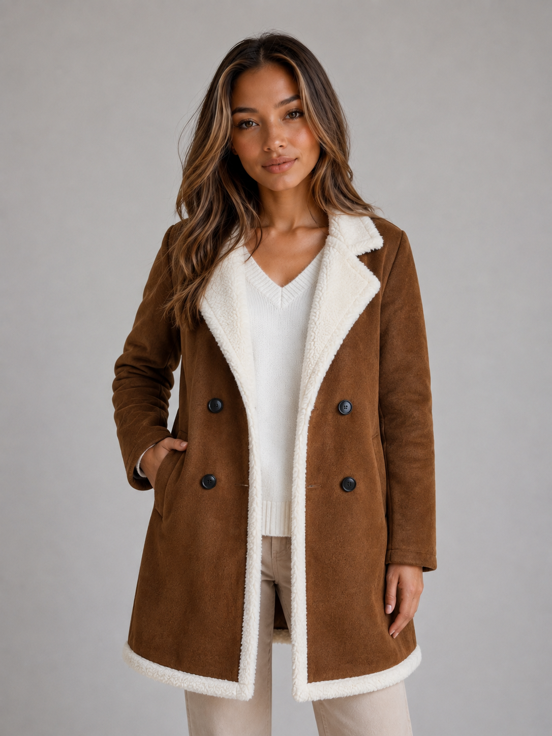 Women’s Brown Longline Coat with Plush Trim