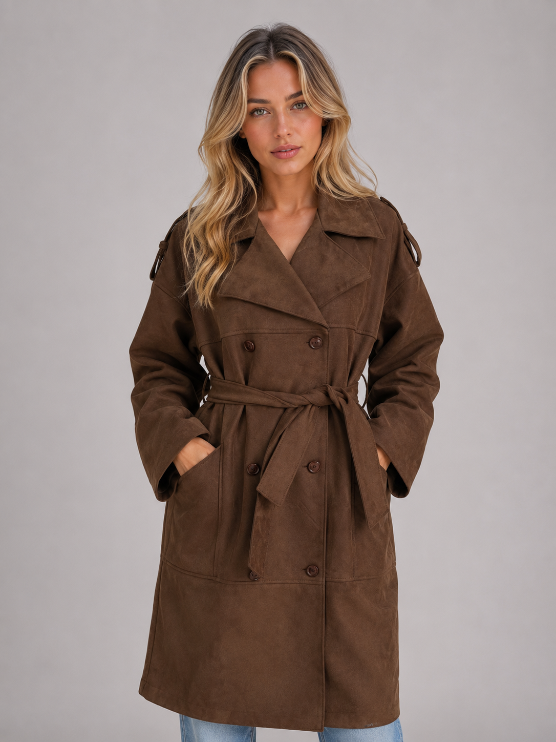 Women's Brown Trench with Belted Lapel Fit
