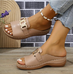 Women's  Buckle Slide – White Faux Leather Open-Toe Platform Mules