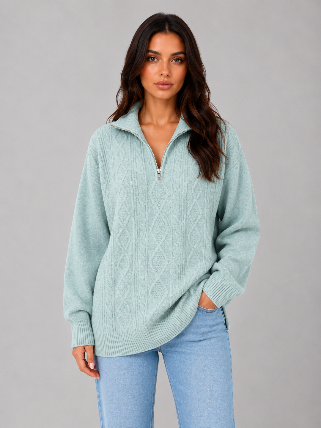 Women's Cable Knit Jumper with Half Zip