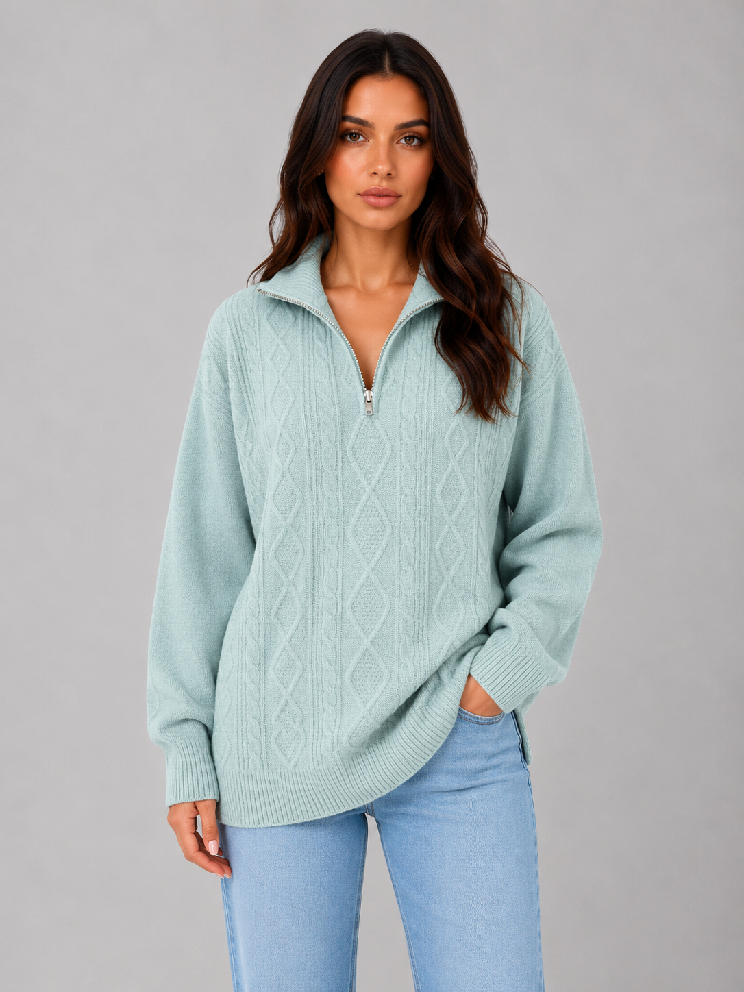 Women's Cable Knit Jumper with Half Zip