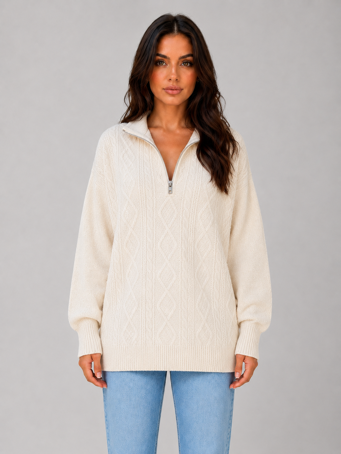 Women's Cable Knit Jumper with Half Zip