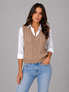 Women’s Cable Knit Sweater Vest with V-Neck