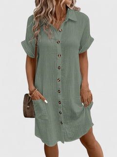 Womens Casual Cotton Gauze Shirt Dress - Short Sleeve Button-Down Midi Dress