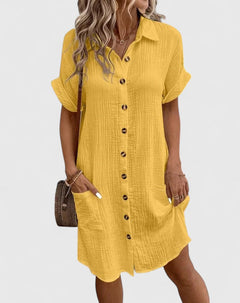 Womens Casual Cotton Gauze Shirt Dress - Short Sleeve Button-Down Midi Dress