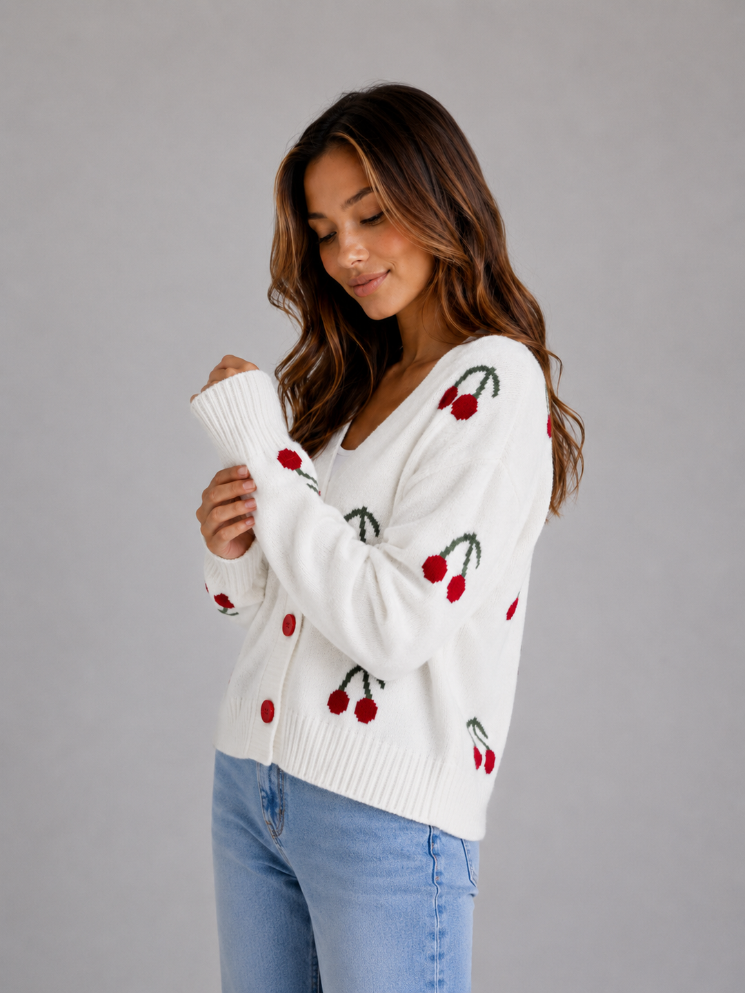 Women’s Cherry Print Cardigan with Button Fastening